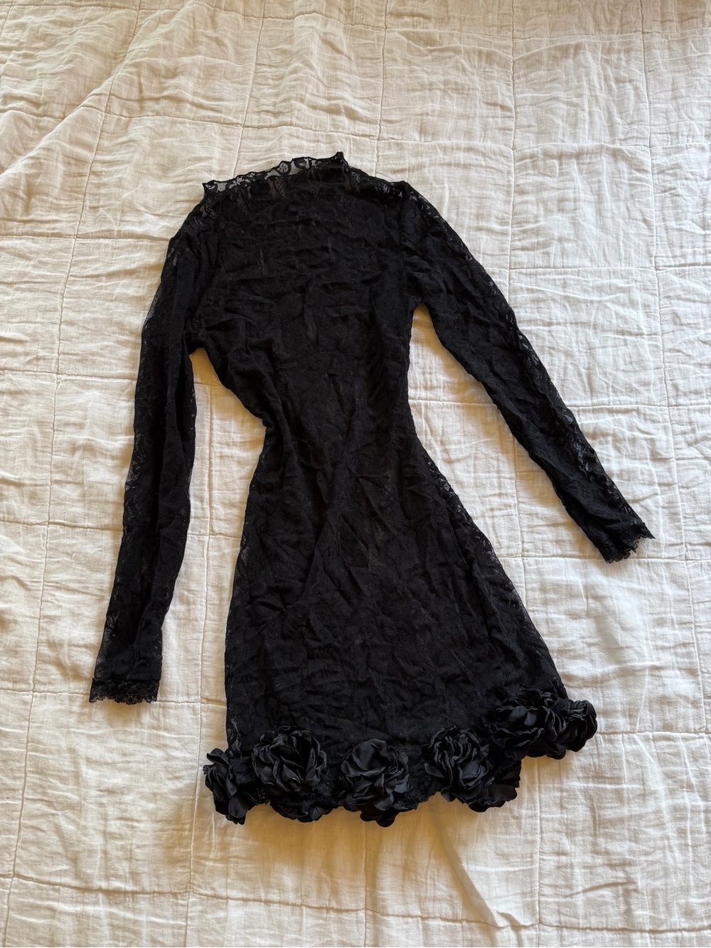 Black Lace Long-Sleeve Floral Hem Dress